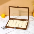 Walnut wood jewelry box with glass lid and beige velvet slots for ring storage - Ring Slot Holder / Walnut With Beige Interior