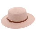 Detail of pink straw sun hat with brown leather band and gold metal buckle closure - One Size / Pink
