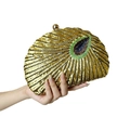 Elegant gold sequined evening clutch with peacock feather beadwork held against white background - Gold