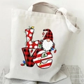 Christmas gnome and penguin print canvas tote bag with LOVE lettering and festive lights - Love Gnome (12) / White
