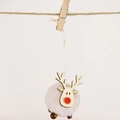 Handmade Christmas reindeer pendant with white felt pom-pom and wooden head ornament - White