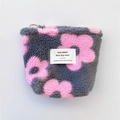 Detailed top view of grey plush pouch with pink floral pattern and zip closure - Pink Flower