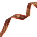 Detail of red and green plaid Christmas ribbon with gold wired edges in S-curve - Style 1 (With Wire)