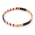 Bohemian Tila bead bracelet with pink, black, and gold tile beads on elastic cord - Pink/Black/Gold/Tortoise Red (TL-B190251G)