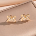 Gold-plated crisscross stud earrings set with sparkling zircon crystals in a box - Gold Cross Pearl Stud Earrings