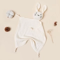 Detail of white cotton muslin baby security blanket with cute stuffed bunny head and knots - 30*30 cm / Milky White