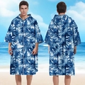 Heren strandponcho met capuchon, blauw-witte kokosnootboom print van microvezel - Mouw Rits Stijl - Gevlekte Palmbomen