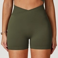 Hoch taillierte olivgrüne Yoga-Shorts mit V-Bund, nahtloses Design und Rippstrick-Details - S / Armeegrün