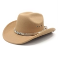 Chapeau de cowboy en feutre de laine camel à large bord avec plume et turquoise - M (56-58cm) / Chameau
