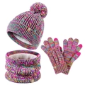 Rainbow knit winter set for kids with pom-pom hat scarf and fleece-lined gloves - Rainbow