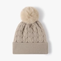 Beige cable knit winter beanie for women with a fluffy faux fur pompom decoration - Khaki(24B082)