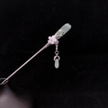 Detailed macro view of vintage silver hair pin with green jade plum blossom pendants - F1079-Green Water Drop