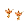 Elegant gold-plated clover earrings with orange marquise-cut zircons on white background - Orange Gold
