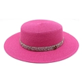 Detail of fuchsia straw hat with rhinestone band and metal M logo for women - M (56-58cm) / Rose Red