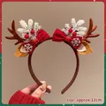 Brown reindeer antler headband with red velvet bow and white snowflakes decor - 55# Christmas Bow Snowflake Pine Cone - Coffee Antlers