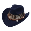 Detailed view of navy felt cowboy hat with ethnic woven band and feather accents - M (56-58cm) / Navy Blue