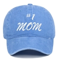 Macro view of #1 MOM embroidery on washed cotton vintage baseball cap texture - Adjustable / Light Blue