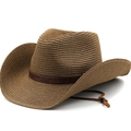 Mens western straw sun hat in brown with embossed leather band and chin strap - M (56-58cm) / Coffee