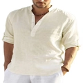Men's casual linen long sleeve shirt with stand collar and buttoned placket in beige - S / Apricot