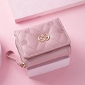 Pink quilted faux leather tri-fold wallet for women with golden buckle and wrist strap - Pink