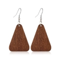 Detail view of triangular brown wood pendant earrings with silver hooks on white background - Style 35