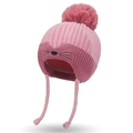 Pink cartoon cat-themed kids knitted hat with plush pompom and braided earflaps - One Size / Light Pink