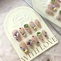Luxurious coffin-shaped press-on nails with colorful rhinestones and pink heart crystals - Long Coffin Style (657) / Large (L)