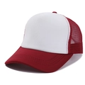 Close-up of red and white mesh trucker hat with breathable structure and clean stitching - One Size / Burgundy + White