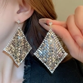 Detail view of large geometric mesh earrings with sparkling crystals on a model - Rhombus Mesh Tassel Style (9#银针-银色)