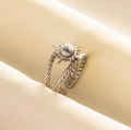 Silver 304 stainless steel open ring with twisted band and white marble sunburst inlay - Silver Tone White Stone Style (J586-S-W)