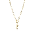 Detailed view of golden capital letter E pendant on a trendy paperclip chain with OT toggle - Letter E