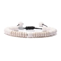 Detail of white volcanic stone beads and flat discs with black braided adjustable cord - Woven Style / White
