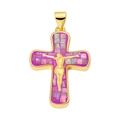 Detail view of cross pendant with purple shell inlay and golden crucifix relief - Gold Cross-Purple Shell Mosaic-Jesus Figure