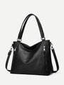 Macro detail of the black lychee texture PU leather and silver metal side zippers - Large Capacity Tote Bag / Black (Model 072)