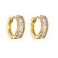 Detail showing gold huggie hoop earrings with square zircon and milgrain edges - Gold/Square Zirconia Milgrain