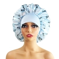 Light blue satin sleep bonnet with butterfly print and wide elastic comfort band - 10899 Light Blue Butterfly