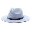 Detail of light blue straw fedora showing wavy weave texture and studded black leather band - Sky Blue