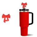 Red bow straw cover for Stanley cup showing decorative silicone dust plug detail - Red