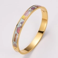 Artistic golden enamel hinged bracelet with cream white and blue illustration patterns - Blue (Blue Base)