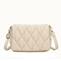 Chic beige quilted puffer crossbody bag with elegant gold-tone metal hardware - White