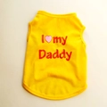 Detail of a bright yellow cotton dog vest featuring a red I Love My Daddy print design - Yellow I Love Daddy