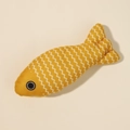 Fish-shaped plush cat toy in vibrant yellow with white wave patterns and soft texture - Linen Fish Yellow