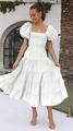 Outdoor shot of white puff sleeve maxi dress with smocked bodice and square neckline - White
