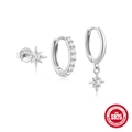 Three-piece S925 sterling silver earring set with zirconia star studs and hoops - Eight Pointed Star Collection / Silver