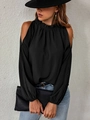 Detail of elegant black ruffles on a high collar cold shoulder long sleeve blouse - S / Black