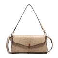 Beige leopard and snake print baguette bag with gold hardware and dual straps - Khaki
