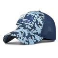 Detail of blue digital camo baseball cap with US flag velcro patch and mesh back - Adjustable / Blue Digital Camo with Flag Patch