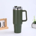 Macro detail of dark green 40oz stainless steel tumbler with handle and leakproof lid - Army Green (Generation 1)