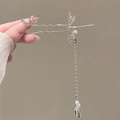 Épingle à cheveux libellule argentée avec pompon en perles et pendentif fleur - Pic à cheveux libellule argenté avec longues franges