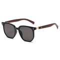 Detail of wooden grain temples on vintage oversized sunglasses with golden hinge accents - Bright Black Frame - Grey Lens